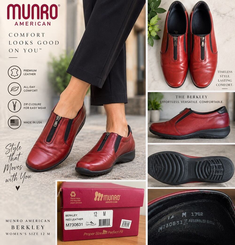 Munro Berkley Red Leather Zip Slip-On Comfort Casual Shoes Women’s 12M
